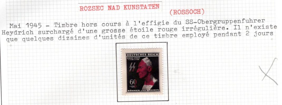 Rozseč nad Kunštátem - přetisk na Známce Heydrich, vzácné