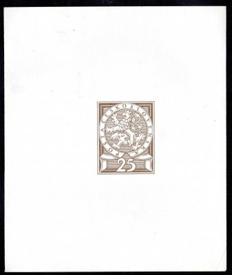 1920  ZT, kolek  25 h, autor Bruner, rozměr 34 x 43 mm v hnědoolivové barvě na křídovém papíru většího formátu 132 x 158 mm, velmi zájímavé, tyto kolky se objevily v soutisku u emise Husita