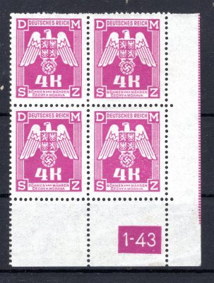 SL 23, služební, pravý dolní rohový 4 blok s DČ 1-43 a širokým ochranným rámem na okraji, fialová 4 Kč, hledané