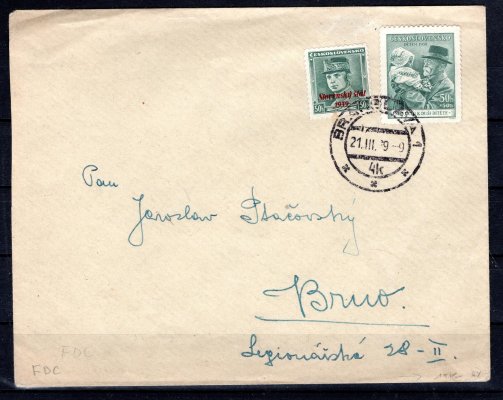 dopis - FDC,  vyplacený smíšenou frankatrou č. 9, Štefánik s přetiskem a ČR 333 TGM, podací Bratislava 1, 21/III/39, 1. den vydání slovenských známek, hledané