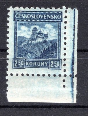 215, P 6, Karlštejn, pravý dolní rohový kus, modrá 2,50 Kč, zk. Vrba