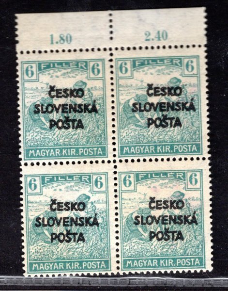 RV 141, Šrobárův přetisk, (Žilinské vydání), ženci, krajový 4 blok s počítadly, zelenomodrá 6 f, zk. Mrňák, Vrba, ve 4 bloku vzácné a hledané=