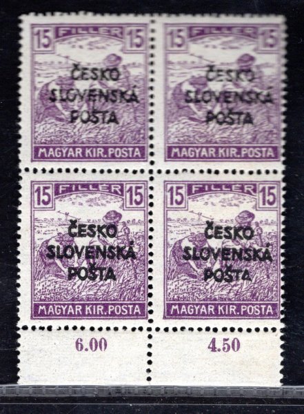 RV 142, Šrobárův přetisk, (Žilinské vydání), ženci, krajový 4 blok s počítadly, zelenomodrá 6 f, zk. Vrba, ve 4 bloku vzácné a hledané