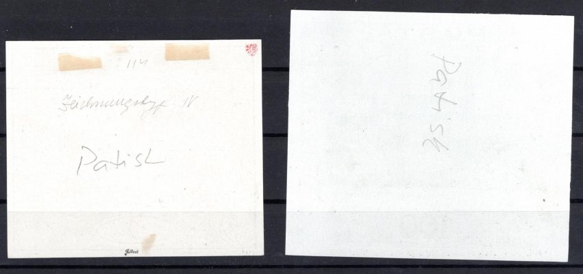 ZT, černotisky, papír křídový,  PATISKY, vytvořené pravděpodobně pro tisk Monografie, větší formát, IV kresba a hodnota 100 h, neoriginální značka Gilbert ke studiu