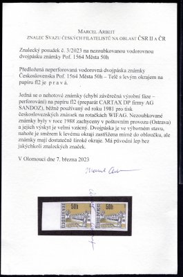 1564;  Telč 50h, neperforovaná vodorovná krajová dvojpáska, papír fl2, poprvé v naší aukci, zcela výjimečná nabídka, atest Arbeit