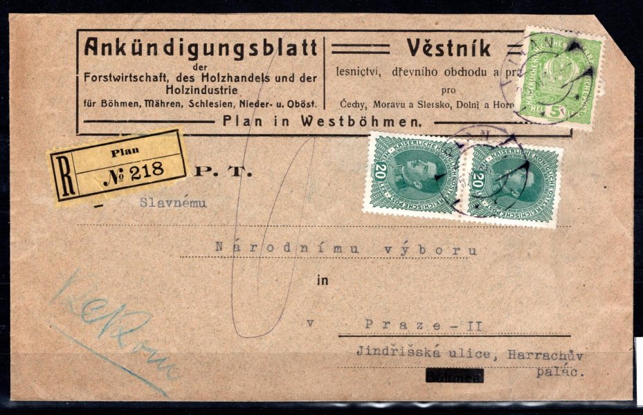 Separatistická provincie Deutschböhmen, doporučený dopis vypl. 5 h Koruna a 2x 20 h Karel, raz. PLAN, 25. 11. 18. Planá byla obsazena čs. vojskem 14. 12. 1918, zcela ojedinělý doklad z krátkého období pod kontrolou německých separatistů. 