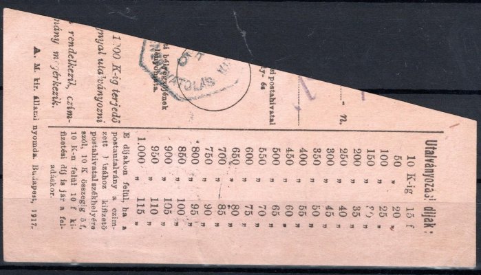 Ústřižek uherské poukázky 2 f s frankaturou 2x 20 f Karel s přetiskem KÖZTÁRSASÁG, raz. GYETVA, 28. 2. 19, začerněná svatoštěpánská koruna! Ojedinělé použití maďarských známek (tedy cizího státu) na Slovensku.