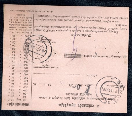 Ústřižek poštovní poukázky, 3-páska 40h oranžová - DR Léva 25.4.19 - poštovní poukázka 