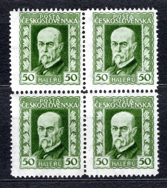 188  B, P 1, řz 13 3/4 , TGM, 4 blok, neotypie, zelená 50 h , zk. Vrba