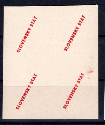 24 ZT, zkusmý tisk přetisku pro známku Hlinka 1 K ve 4 bloku, přetisk červený na žlutém kartónovém papíru