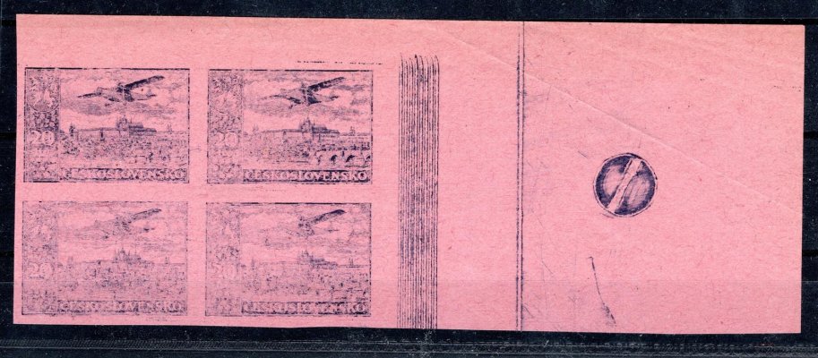 L 14 ZT, letecké, pravý horní rohový 4 blok s okrajem, bordurou a otiskem šroubu, šedomodrá 20 Kčs, papír růžový, dekorativní
