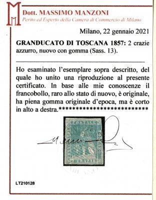 Itálie . Toskánsko,  Mi. 5 (Sassone 13), azurově modrá 2 Cr, toskánský lev,  attest Manzonni, kat. Sassone 7 500 Euro,  na jedné straně užší střih