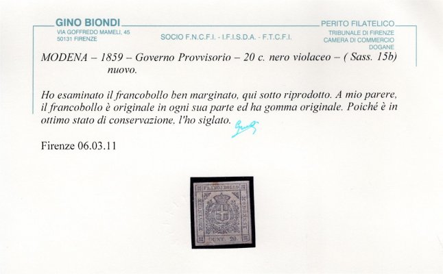 Itálie, Modena,  Mi. 9 (Sassone 15b), fialová 20 C, znak, attest Biondi, kat. Sassone 5 500 Euro,  hledaná známka 