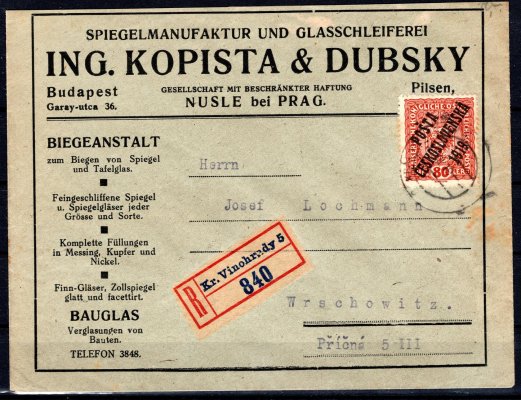 firemní R dopis z Královských Vinohrad do Wrschowitz s jednoznámkovou frankaturou č. 45 - 80 h,zadní chlopeň natržena, vzácné, dekorativní