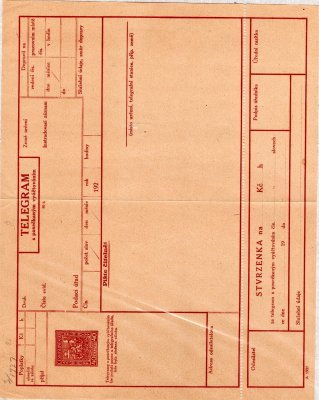 CTÚ 3A, text český, v půli přeložený se stvrzenkou, Telegram na účet, kat. 6000, vrása -  státní znak, hledané