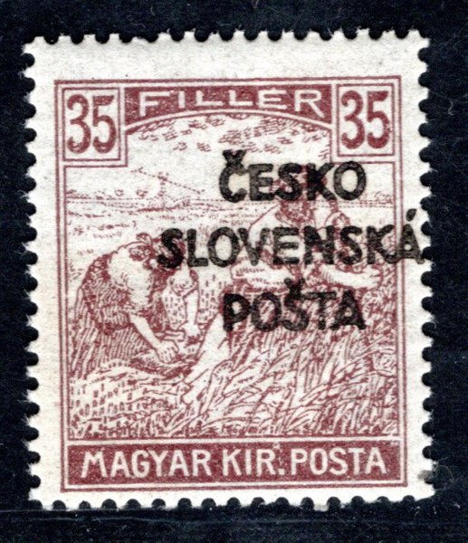 RV 144, Šrobárův přetisk, ženci, hnědá 35 f, zk. Mahr, Ondráček