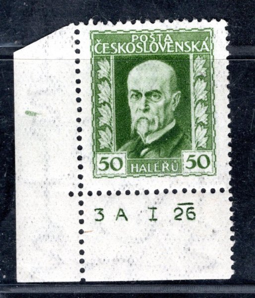 188 A, P1, neotypie, TGM, rohová známka s DČ- 3 A I 265, zelená 50 h, zk. Gilbert