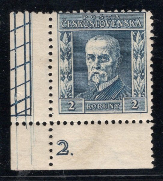 195, P 5, typ II, TGM, rohová s DČ, modrá 2 Kč,  okraj s bordurou