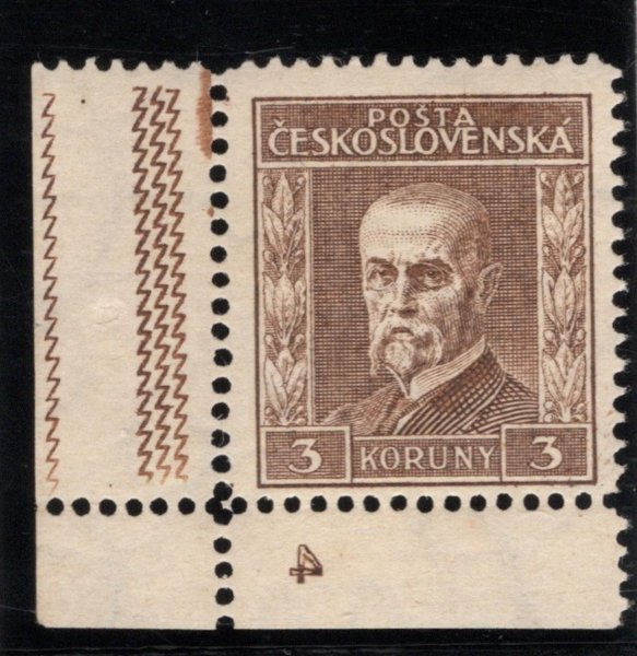 198, P 8, typ III, TGM, rohová s DČ 4, hnědá 3 Kč, okraj s bordurou, zk. Gilbert