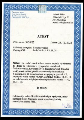 R dopis do Lipska, na obchodníka Senfa vyplacený známkami II. Pražského přetisku - I. vydání pro Národní výbor, RV 23, 2 x 28, hnědý flíček,  podací pošta Praha - zemský sněm, 14/11/18, příchozí, Lipsko, 15/11/18,  zkoušeno a atest Vrba, hezké a hledané, ojedinělý výskyt