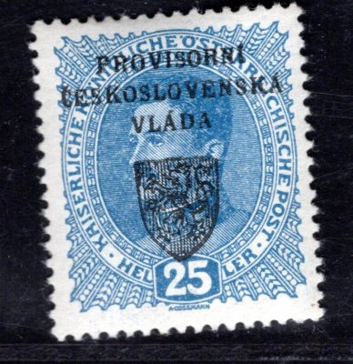 RV 8,  I. Pražský přetisk, modrá 25 h,  zk. Gilbert, Vrba