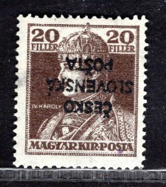 RV 148 PP, Šrobárův přetisk, (Žilinské vydání), přetisk převrácený, Karel, hnědá 20 f,  zk. Mrňák, Ondráček