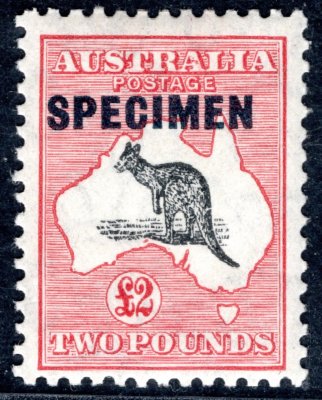 Australie, SG114, rok 1929, klokan 2 Libry, červená/černá, přetisk SPECIMEN
