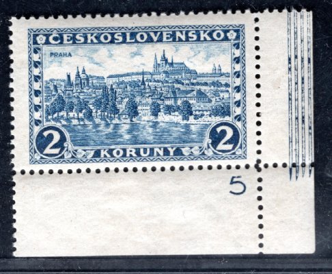 229, Praha,Tatry, rohová s DČ 5, bordura na okraji, modrá 2 Kč, výrobní vynechávka lepu