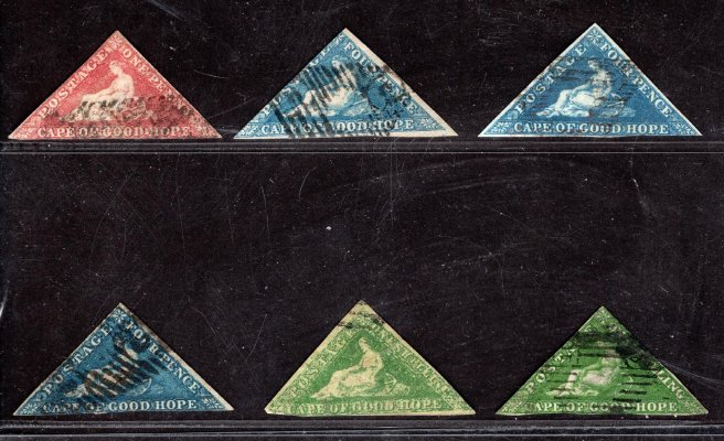 Cape of Good Hope -  SG 5,6,8, průsvitka kotva, sestava trojúhelníkových známek, 1 x padělek - 1 Sh zelený, slušné střihy a kvalita
