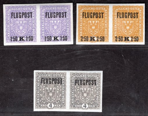 225 - 227 U, letecké, přetisk FLUGPOST, nezoubkované dvoupásky, (nově zařazeno v  katalogu pofis strana 130) katalogová cena Pofis 48 000 + Kč