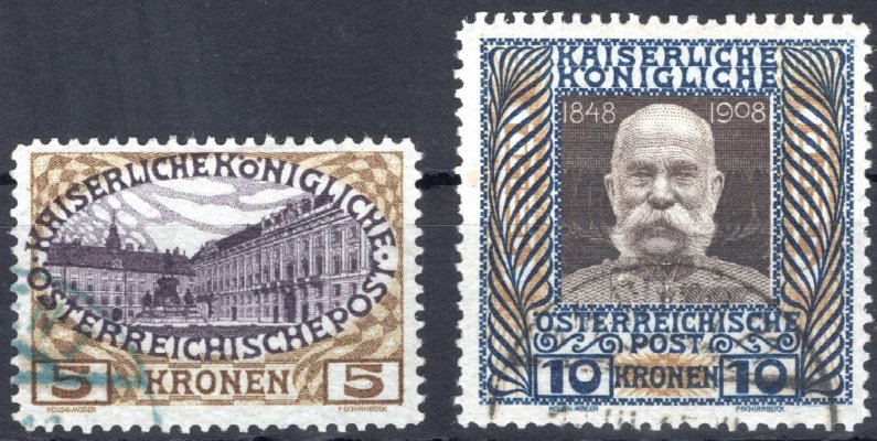 155–156; 5 a 10 K em. 1908, koncové hodnoty, razítkované, ANK € 112.-