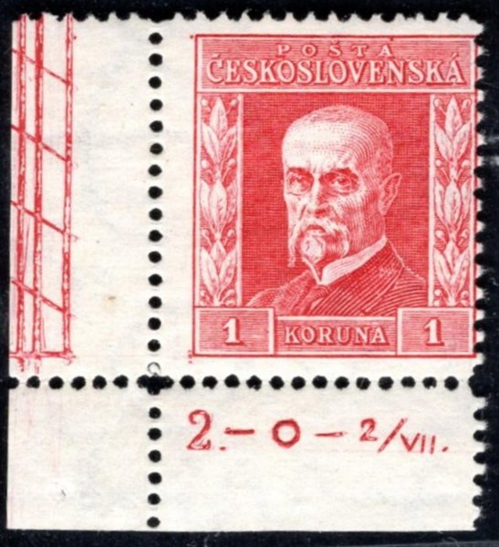 197, P 6, typ III, TGM, rohová s DZ, červená 1 Kč, zk. Gilbert, okraj s bordurou