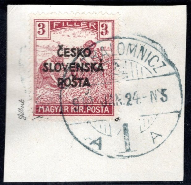 RV 138, Šrobárův přetisk, na výstřižku, ženci, fialová 3 f, zk. Gilbert