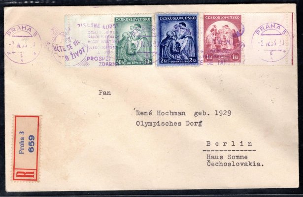 R dopis z Prahy 3 vyplacený z obou stran pestrou frankaturou výplatních známek, včetně emise Dětem 1937, ZT 297, zajímavé, různá razítk, vyfrankované PADĚLKEM,  zasílané tam a zpět