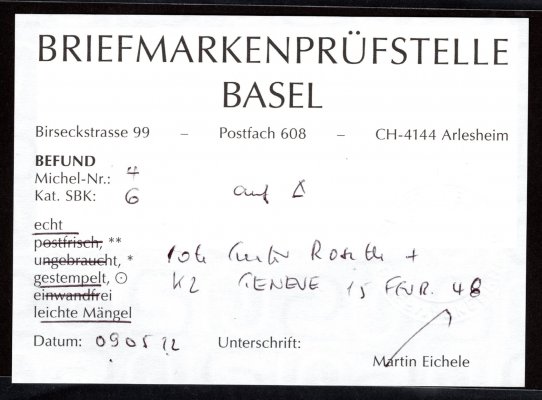 Švýcarsko/Ženeva - Mi. 4, na výstřižku, 5 C, atest, kat. 1700, hezký střih