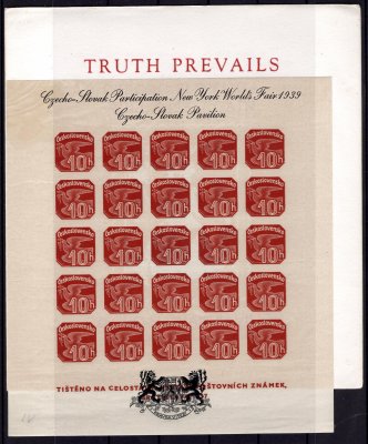 AS 2a, přítisk na aršíku ANV 18, novnový pro NY 1939, znak černý, text černý, s destičkami