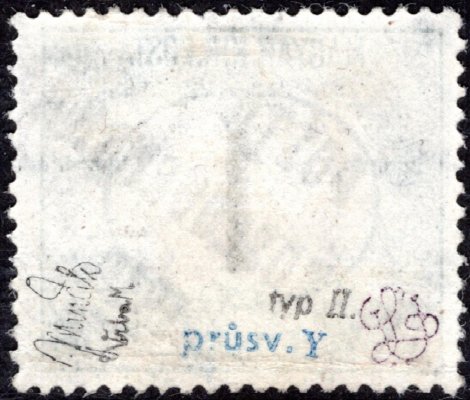 126 Py, typ II,1908/9  průsvitka y! doprava, doplatní černá čísla, 1 f. Mimořádně vzácná průsvitka. Známka s původním lepem a lehkou stopou po nálepce, zkoušeno Kešetický, Mrňák, Vrba, atest Vrba, mimořádně vzácná průsvitka! nádherný exemplář! poprvé v aukci