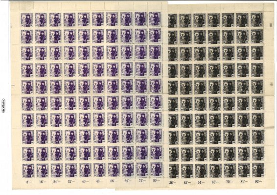 162 - 3, Husita, PA (100), kompletní 100ks archy, 80 h fialová bez DČ, 90 h černá, DČ 1, lehká povolení v perforaci na okrajích