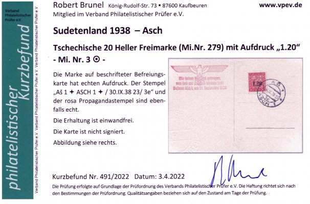 Asch - Mi. 3, znak 20 h s přetiskem nové hodnoty na propagační kartě, razitko Aš 1, 30/IX/38, atest Brunel