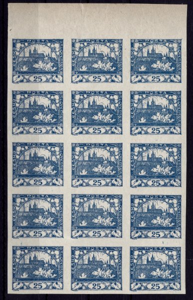 10; 25 h modrá, svislý krajový patnáctiblok, ZP 2-44/II, celkem 7x monografická DV na ZP 2, 3, 12, 13, 14, 24 a 34, svěží