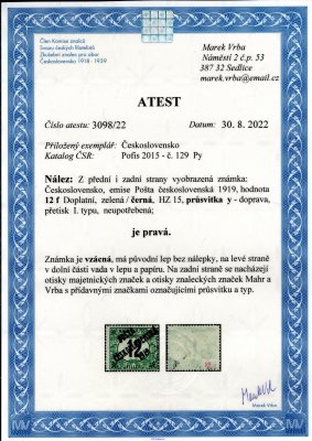 129, typ I, průsvitka Py doprava, doplatní černá čísla 12 f, zkoušeno Mahr, Vrba a atest Vrba. Známka s původním lepem bez nálepky, lehká vada papíru a lepu vlevo, vzácná a hledaná známka! Je známo jen nepatrný počet 12 f v této kvalitě. 