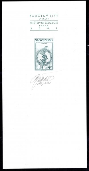 PT 29 b, Slovenská filharmonie, 100x210 mm, přítisk Poštovní muzeum Praha 2001, číslo 398/500,  podpis rytce Cigánika 