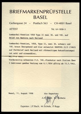 Lombardsko - Benátsko, skladaný dopis vypalcený 2 x 11 + 14, vše typ II, podací razítko Mantova, 23/5 . příchozí razítko Miláno 24/5. Atest zkušebny Basilej 