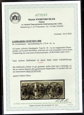 Lombardsko - Benátsko výstřižek 2 X Ib + Ia , 10 Cents emise I - ruční papír, výstřižek se třípáskou se spojenými typy Ib+Ib+Ia, zkoušeno Diena + Atest Weissenbichler 