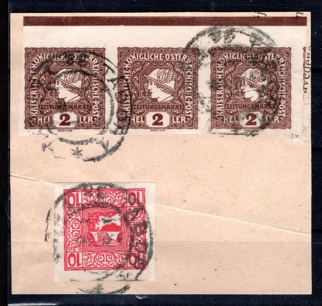 Výstřižek z přebalu zásilky 8-kusů novin, vyplacený 159 + krajový třípáska 212, smíšená frankatura emise 1908 a 1916- vzácné