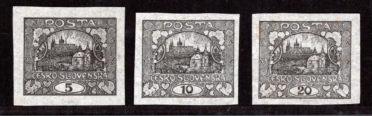 ZT, Eduard Karel, kompletní série vydaných známek na cigeretovém papíře 5h,10h, 20 h. Zkoušeno Vrba 