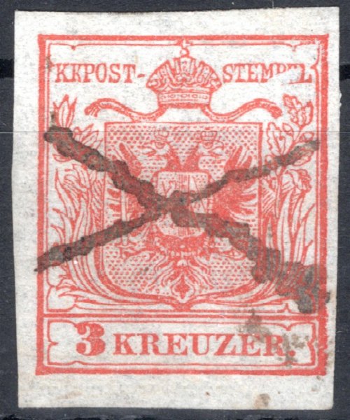 3; 3 kr, ruční papír, typ Ia, rumělkově červená, hedvábný papír 0,07 mm, desková vada PF 62 (velká bílá skvrna ve STEMPEL), ručně znehodnocená škrtem pera (Federkreuz), katalog zhruba € 150.-