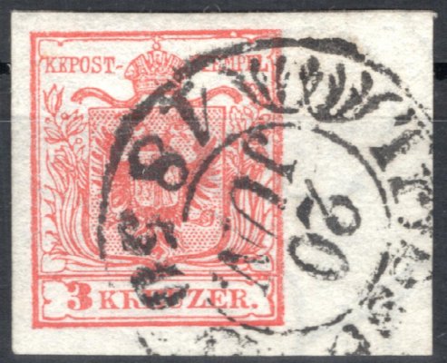 3; 3 kr, ruční papír, typ Ia, rumělkově červená, s pravým okrajem 10,5 mm a velkou částí průsvitky, raz. Triest, 20. JUN. 1850, hledané rané použití, působivý vybraný kus, katalog zhruba € 250.-