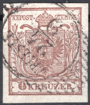 4; 6 kr, ruční papír, typ Ia, červenohnědá, menší desková vada (deformované písmeno S ve STEMPEL), atraktivní raz. TRIESTE, široké okraje, vybraný kus