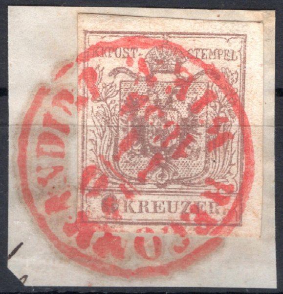 4; 6 kr, strojní papír, typ III, hnědá, výstřižek s celým červeným raz. RECOMMANDIRT WIEN, 20 / 11 1858 (pozdní použití), trochu olejovitý otisk, dobré okraje, katalog Ferchenbauer € 150.-